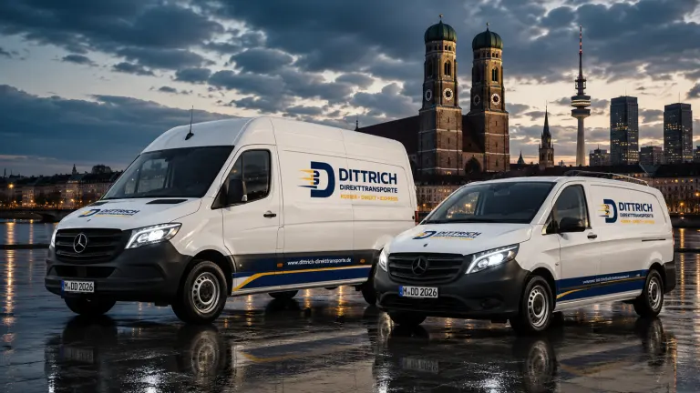 Fahrzeuge von Kleintransporte Dittrich vor der Münchner Skyline